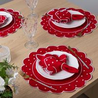 Jogo Americano Com Guardanapo Bordado 6 Lugares 12 Peças Poá Vermelho Bordado Branco