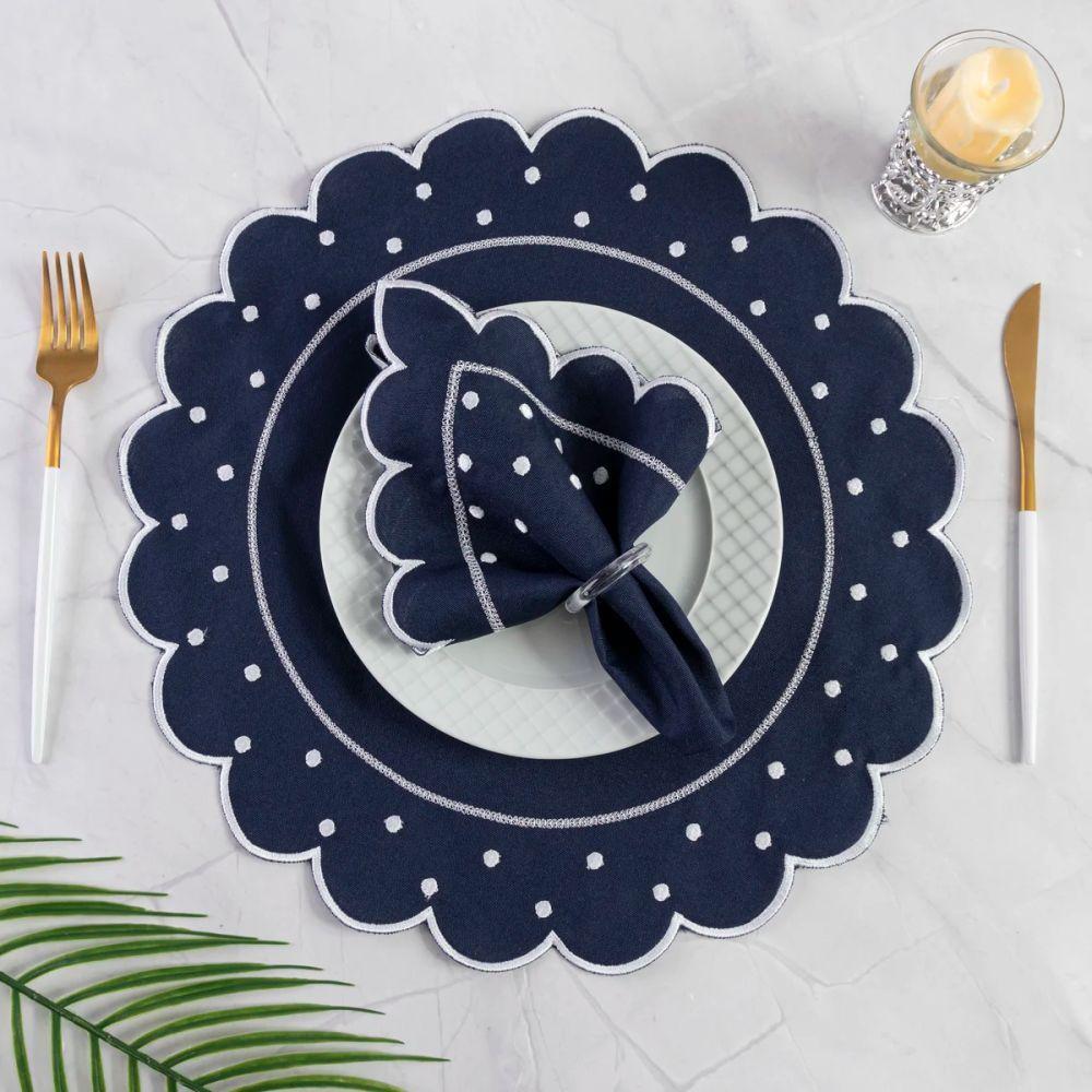 Jogo Americano Com Guardanapo Bordado 6 Lugares 12 Peças Poá Marinho Bordado Branco - 2