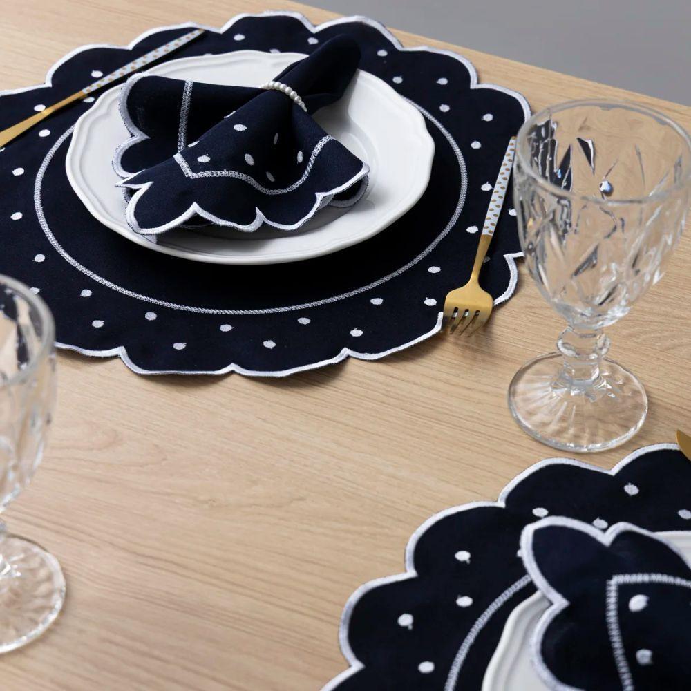 Jogo Americano Com Guardanapo Bordado 6 Lugares 12 Peças Poá Marinho Bordado Branco - 3