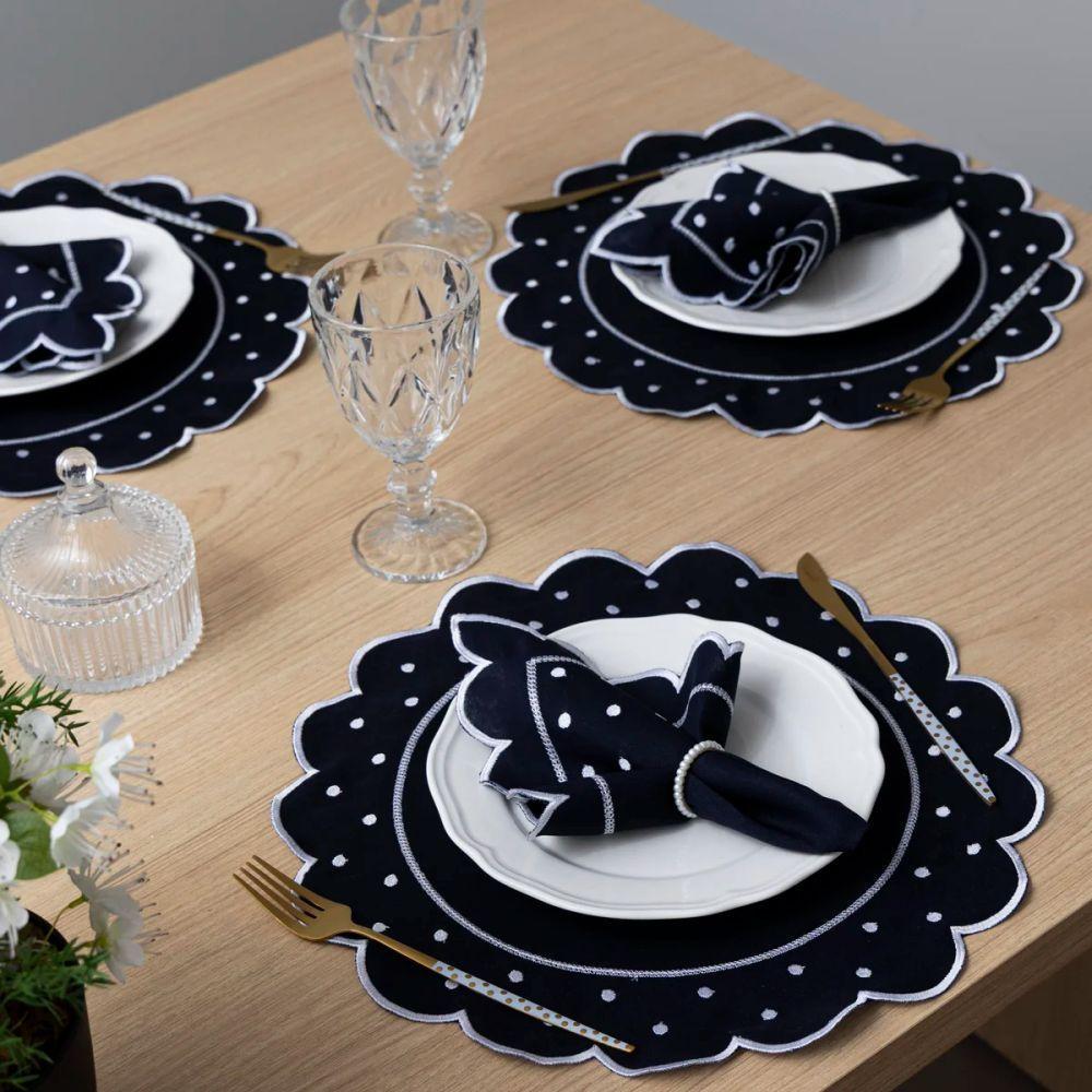 Jogo Americano Com Guardanapo Bordado 6 Lugares 12 Peças Poá Marinho Bordado Branco - 4