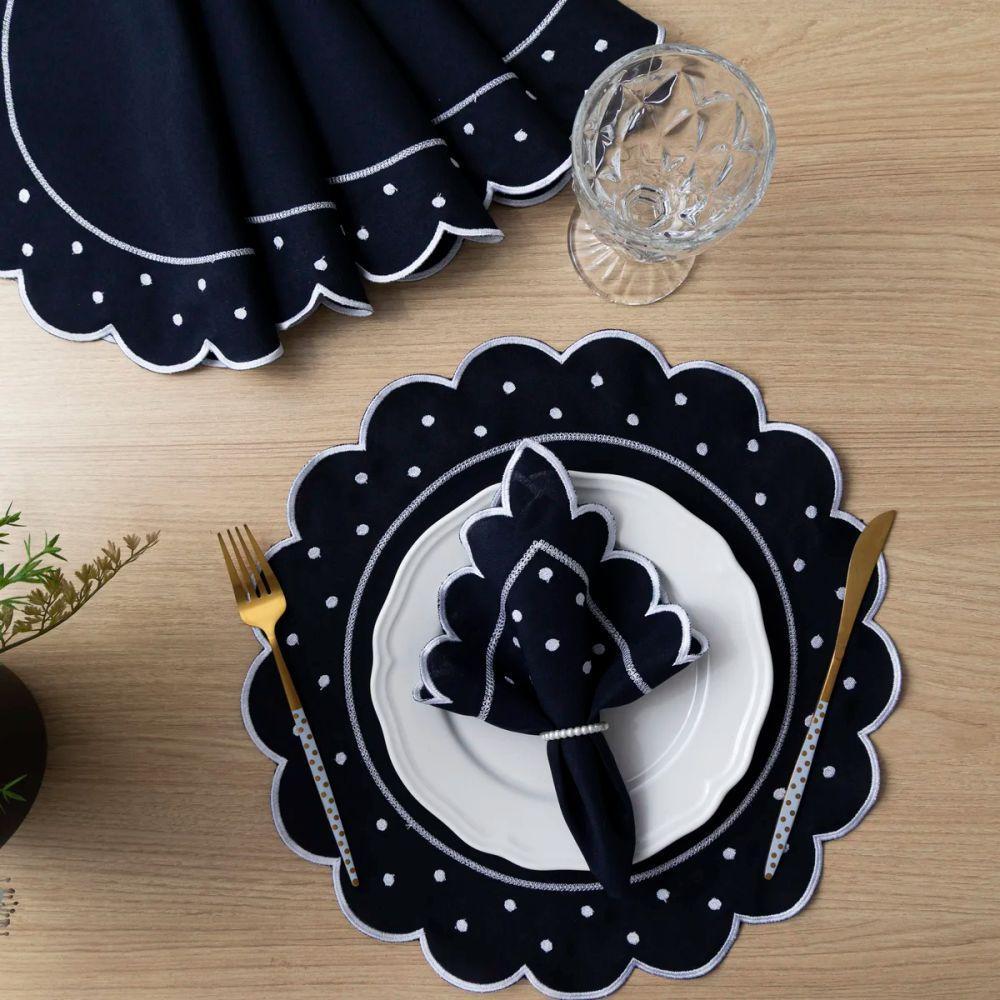 Jogo Americano Com Guardanapo Bordado 6 Lugares 12 Peças Poá Marinho Bordado Branco - 5