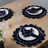 Jogo Americano Com Guardanapo Bordado 6 Lugares 12 Peças Poá Marinho Bordado Branco