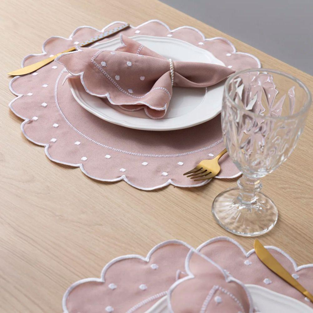 Jogo Americano Com Guardanapo Bordado 6 Lugares 12 Peças Poá Rosê Bordado Branco - 3