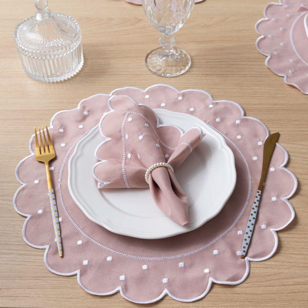 Jogo Americano Com Guardanapo Bordado 6 Lugares 12 Peças Poá Rosê Bordado Branco - 5