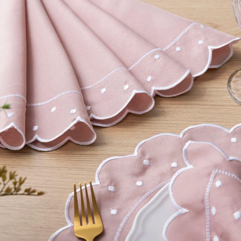 Jogo Americano Com Guardanapo Bordado 6 Lugares 12 Peças Poá Rosê Bordado Branco - 6