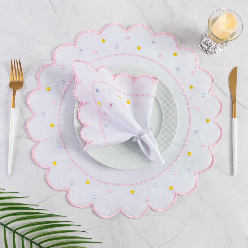 Jogo Americano Com Guardanapo Bordado 6 Lugares 12 Peças Poá Branco Bordado Rosa - 1