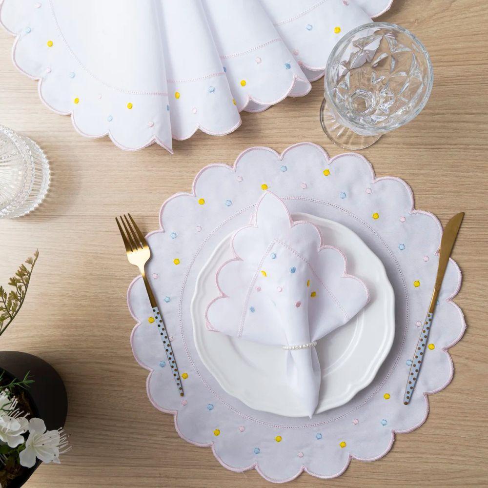 Jogo Americano Com Guardanapo Bordado 6 Lugares 12 Peças Poá Branco Bordado Rosa - 2