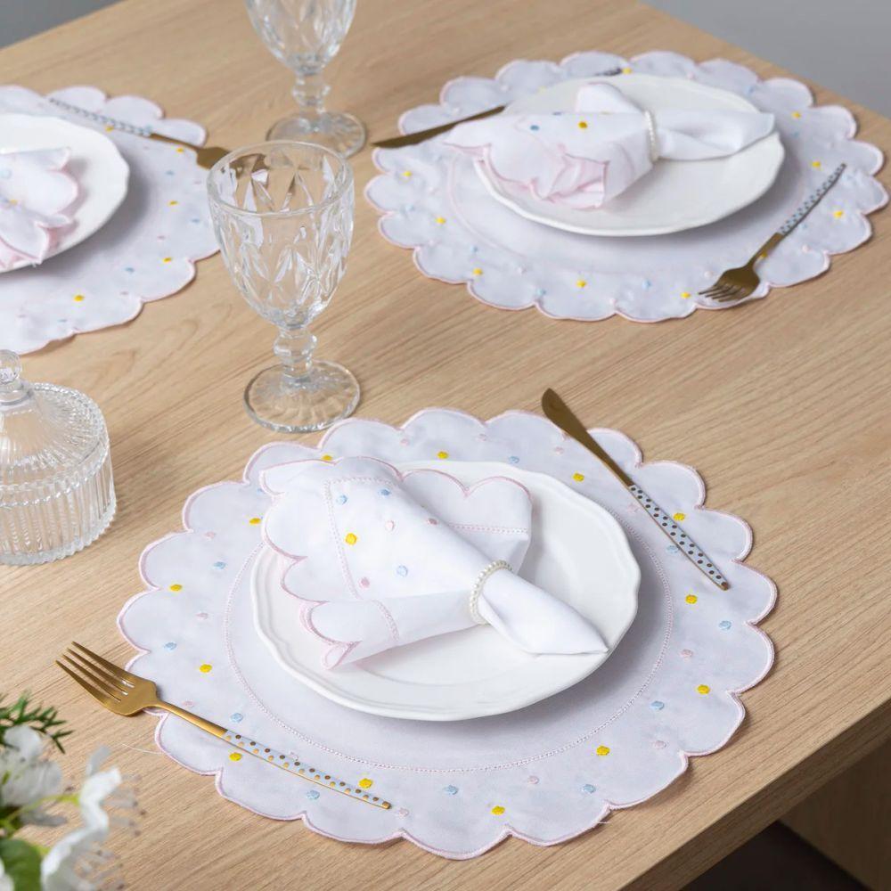 Jogo Americano Com Guardanapo Bordado 6 Lugares 12 Peças Poá Branco Bordado Rosa - 3