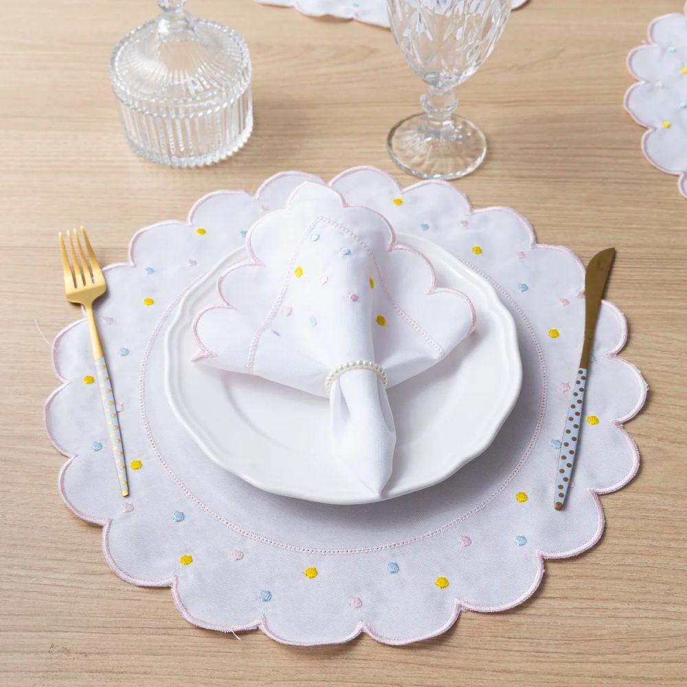 Jogo Americano Com Guardanapo Bordado 6 Lugares 12 Peças Poá Branco Bordado Rosa - 4