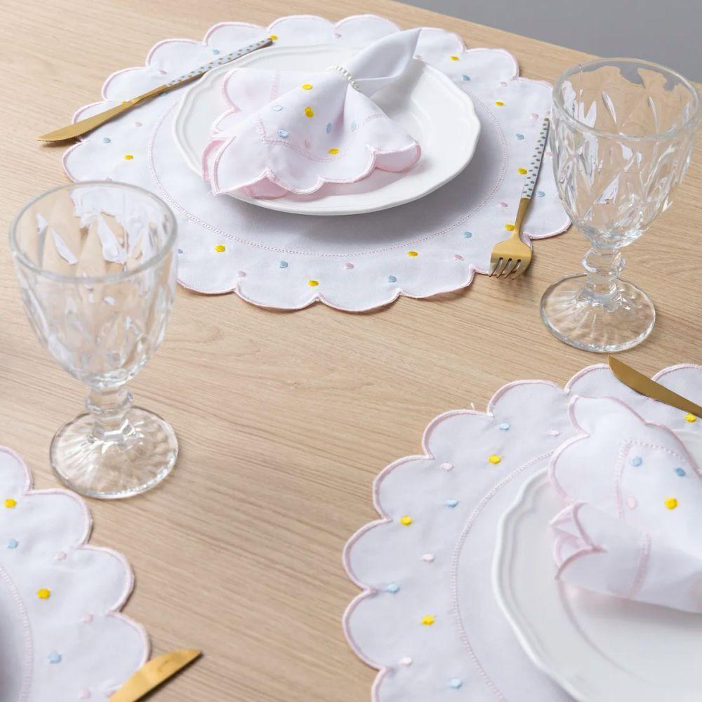 Jogo Americano Com Guardanapo Bordado 6 Lugares 12 Peças Poá Branco Bordado Rosa - 5