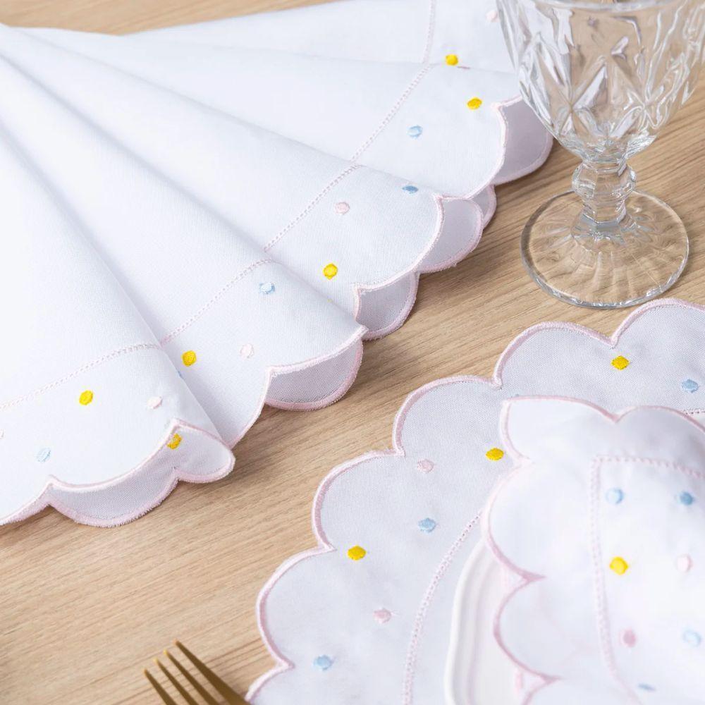 Jogo Americano Com Guardanapo Bordado 6 Lugares 12 Peças Poá Branco Bordado Rosa - 6