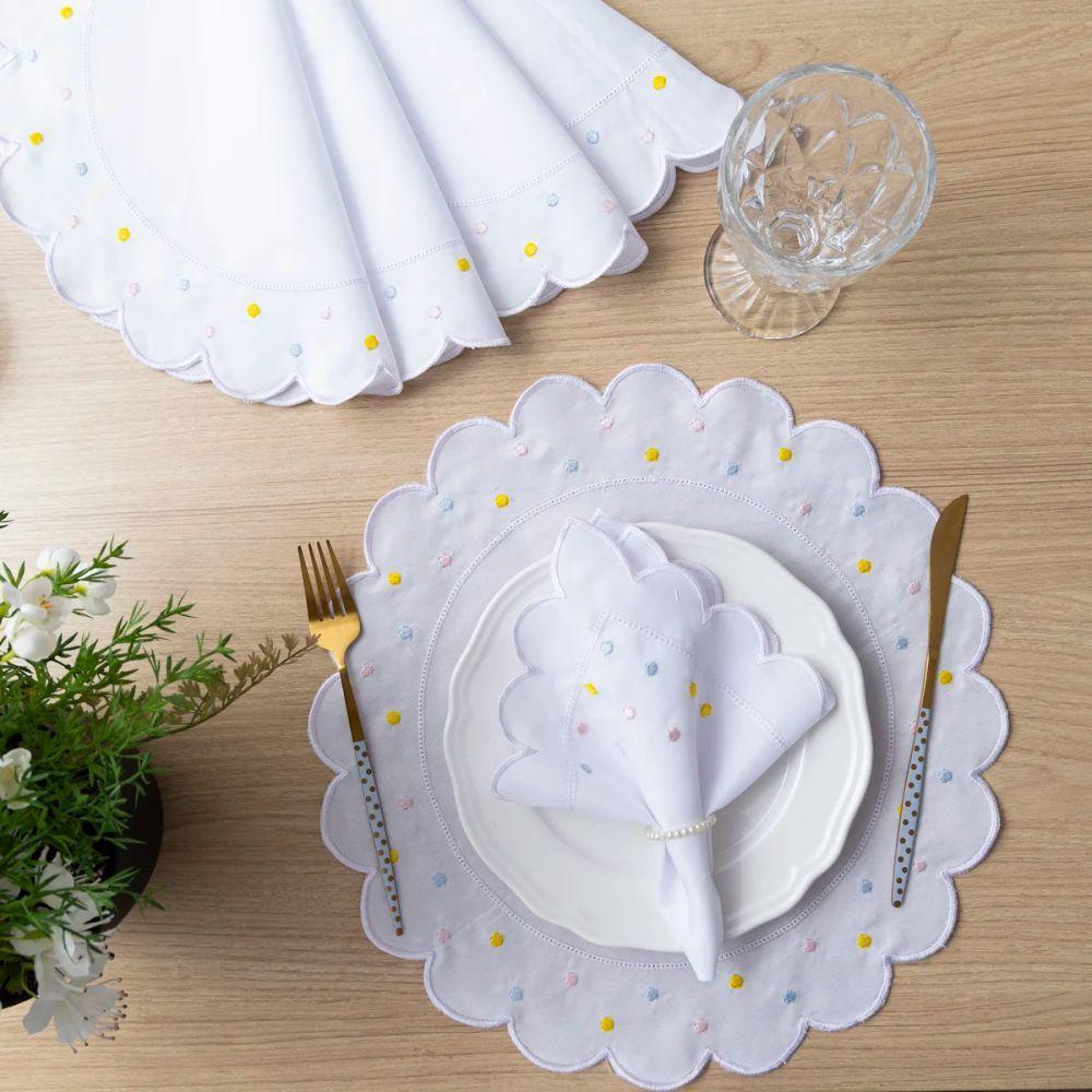 Jogo Americano Com Guardanapo Bordado 6 Lugares 12 Peças Poá Branco Bordado Claro - 2