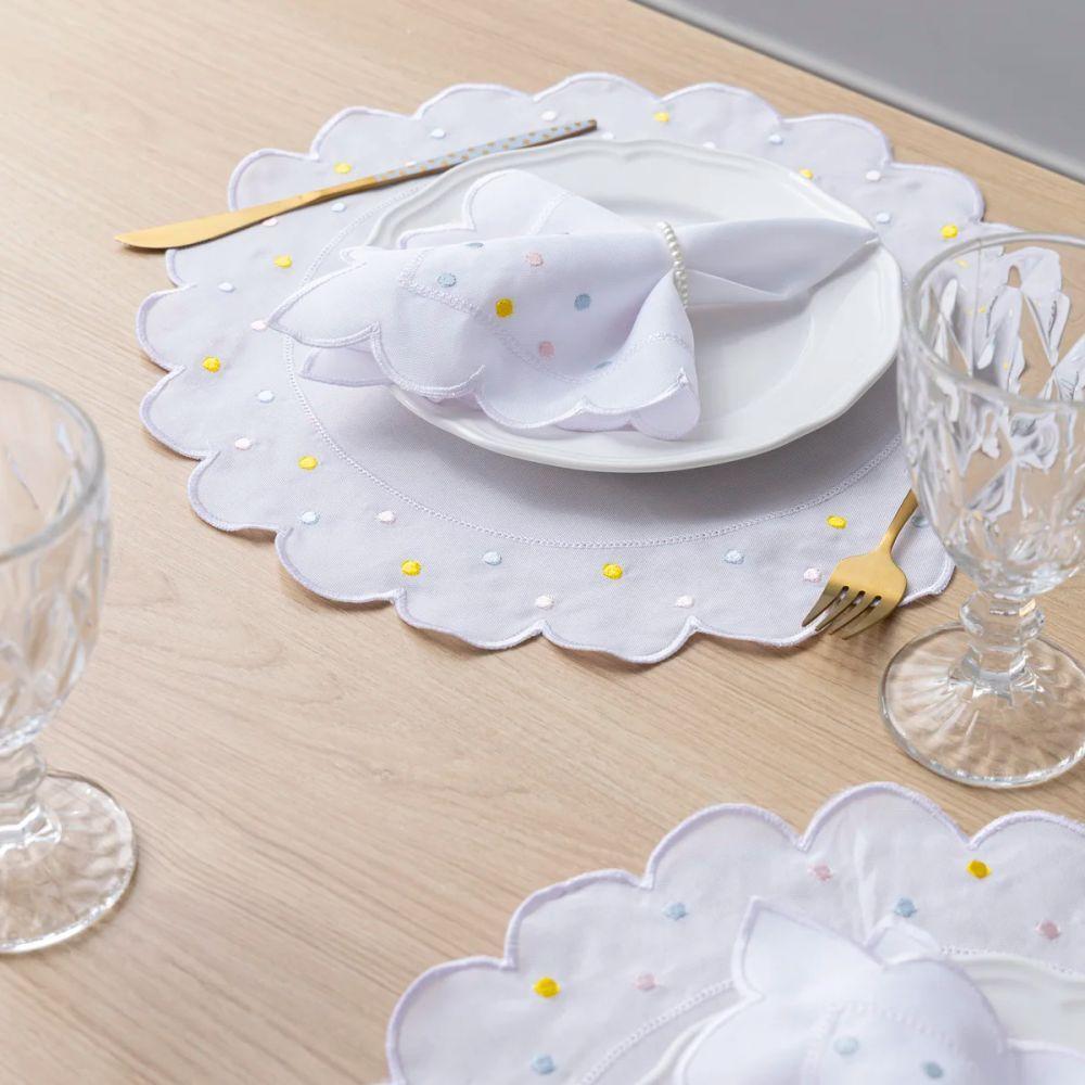 Jogo Americano Com Guardanapo Bordado 6 Lugares 12 Peças Poá Branco Bordado Claro - 4