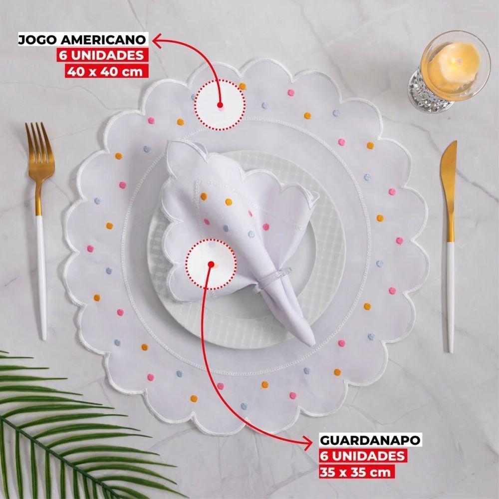 Jogo Americano Com Guardanapo Bordado 6 Lugares 12 Peças Poá Branco Bordado Claro - 7