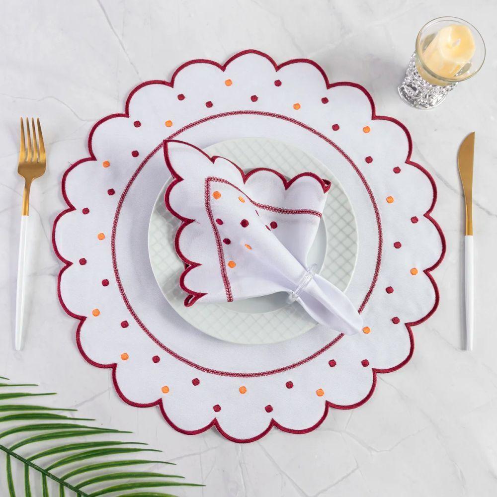 Jogo Americano Com Guardanapo Bordado 6 Lugares 12 Peças Poá Branco Bordado Bordô - 2
