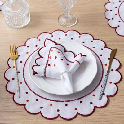 Jogo Americano Com Guardanapo Bordado 6 Lugares 12 Peças Poá Branco Bordado Bordô