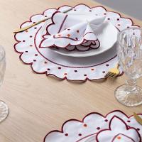 Jogo Americano Com Guardanapo Bordado 6 Lugares 12 Peças Poá Branco Bordado Bordô