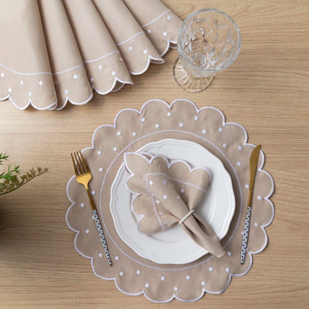 Jogo Americano Com Guardanapo Bordado 6 Lugares 12 Peças Poá Avelã Bordado Branco - 3