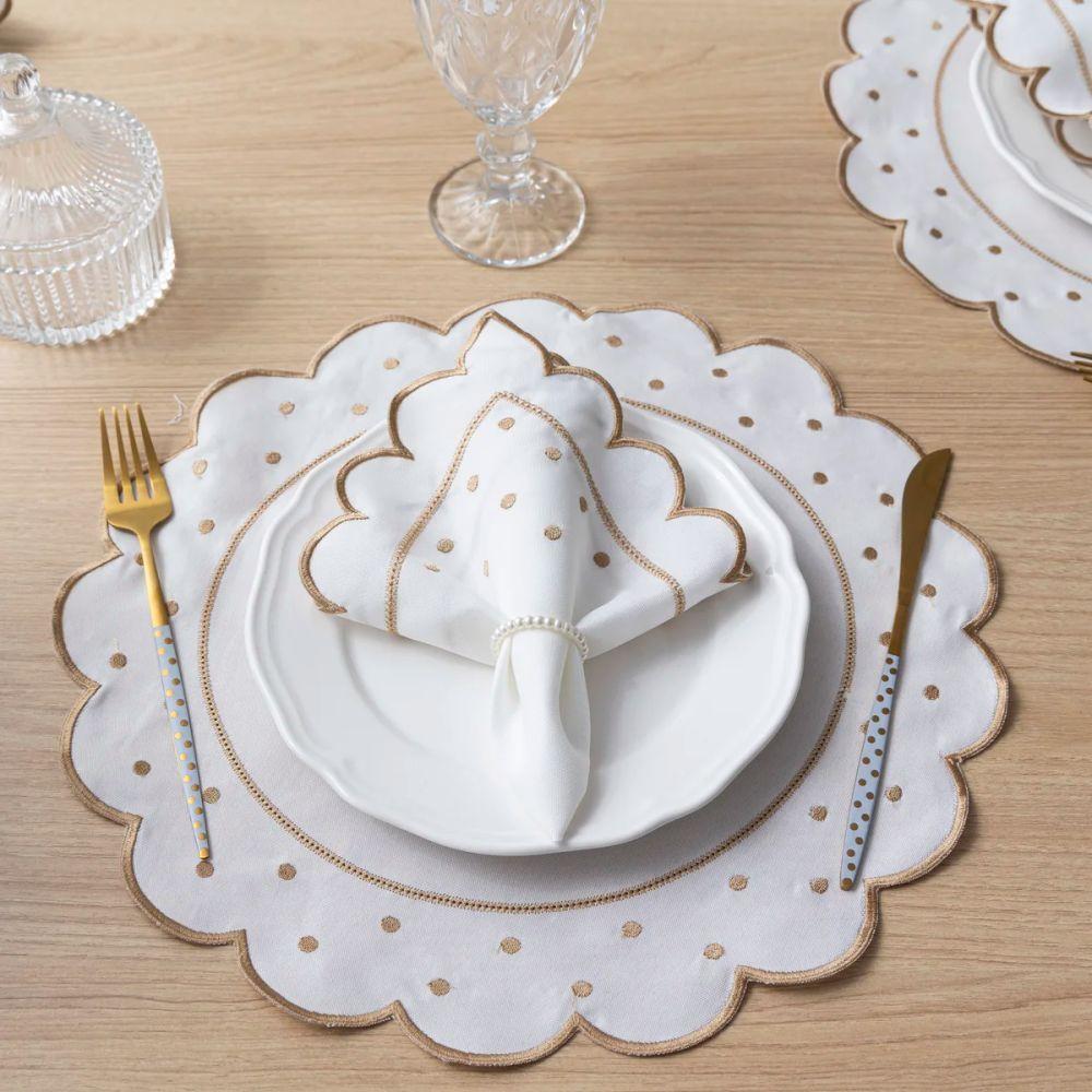 Jogo Americano Com Guardanapo Bordado 6 Lugares 12 Peças Poá Marfim Bordado Dourado - 1