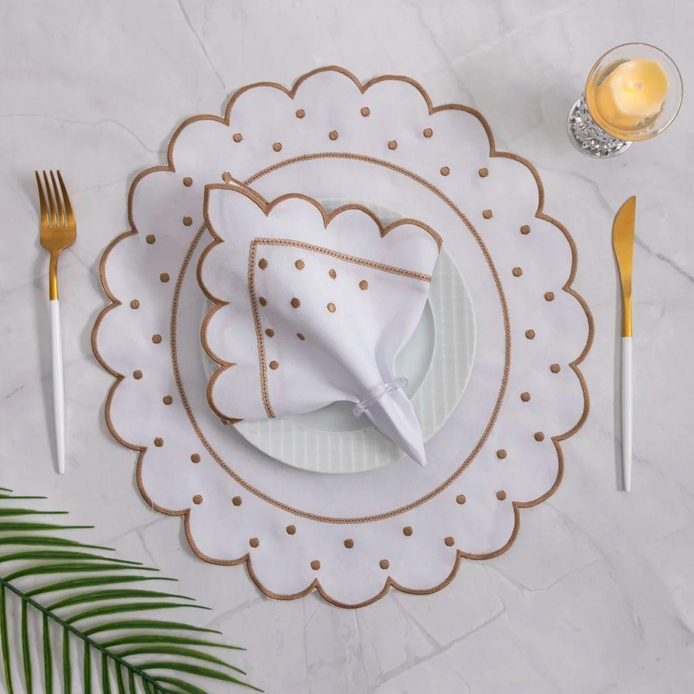 Jogo Americano Com Guardanapo Bordado 6 Lugares 12 Peças Poá Marfim Bordado Dourado - 2