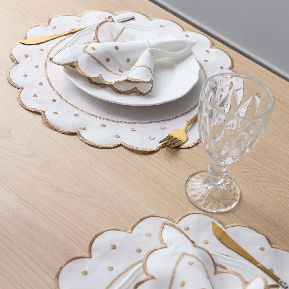 Jogo Americano Com Guardanapo Bordado 6 Lugares 12 Peças Poá Marfim Bordado Dourado - 3