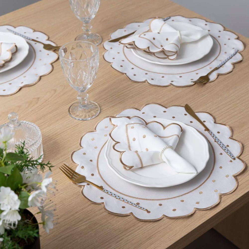 Jogo Americano Com Guardanapo Bordado 6 Lugares 12 Peças Poá Marfim Bordado Dourado - 4