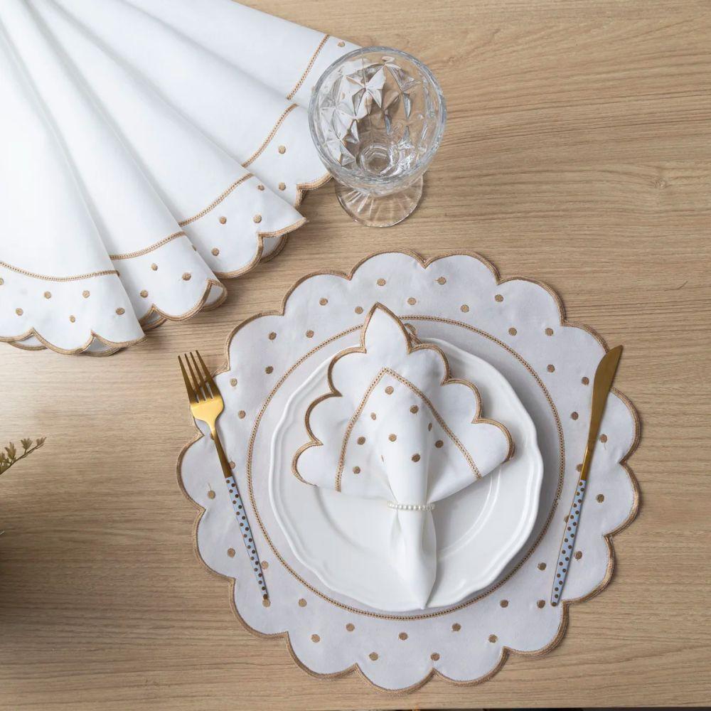 Jogo Americano Com Guardanapo Bordado 6 Lugares 12 Peças Poá Marfim Bordado Dourado - 5