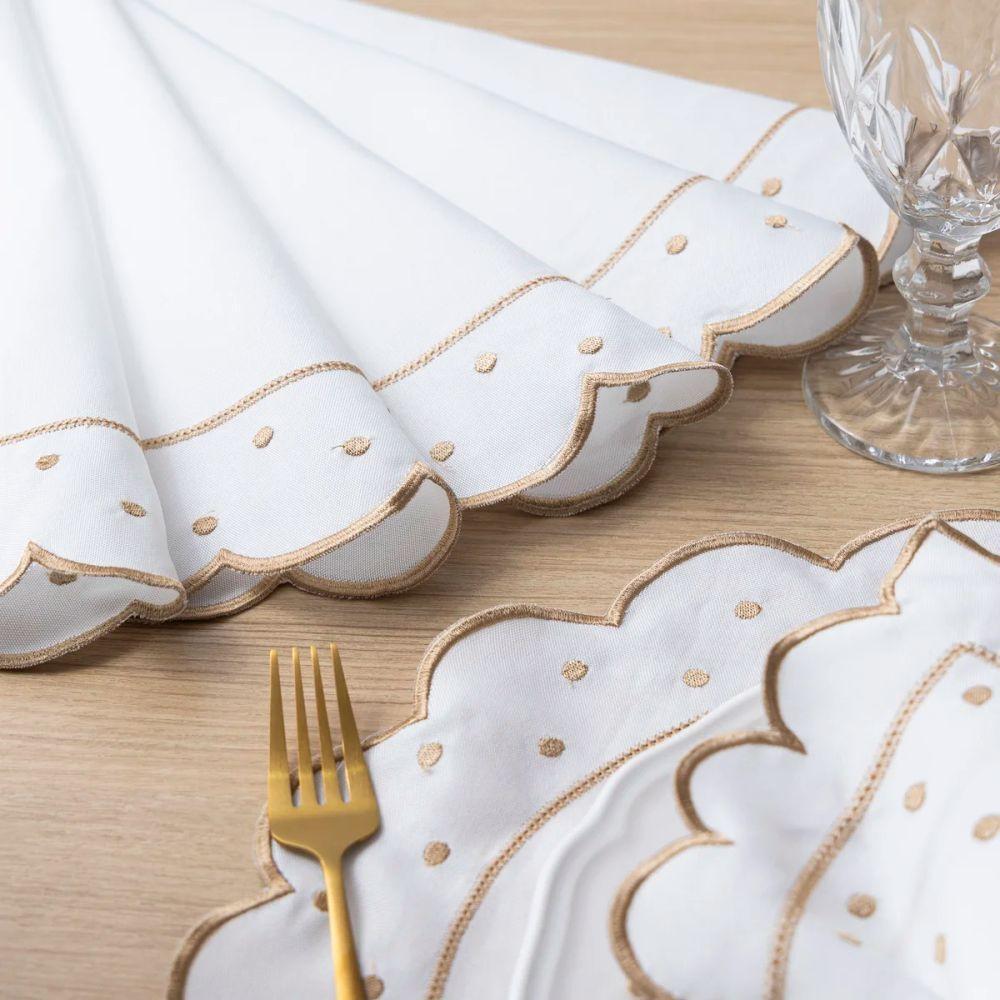 Jogo Americano Com Guardanapo Bordado 6 Lugares 12 Peças Poá Marfim Bordado Dourado - 6