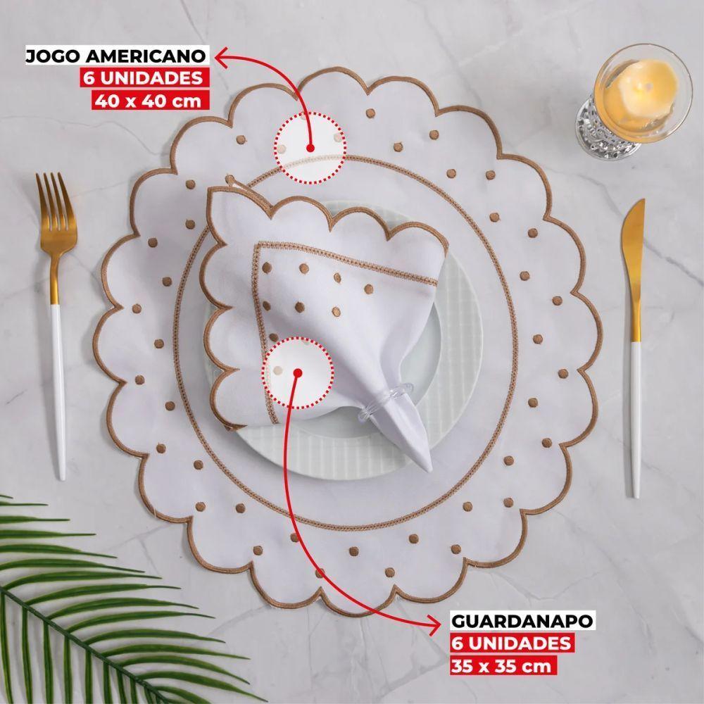 Jogo Americano Com Guardanapo Bordado 6 Lugares 12 Peças Poá Marfim Bordado Dourado - 7