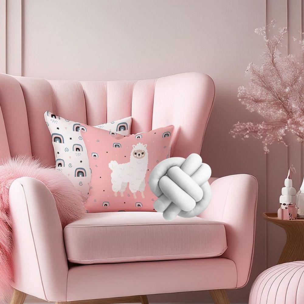 Kit 02 Capas De Almofada Infantil Personagens + Almofada Nó Lhama Rose Nó Branco - 2