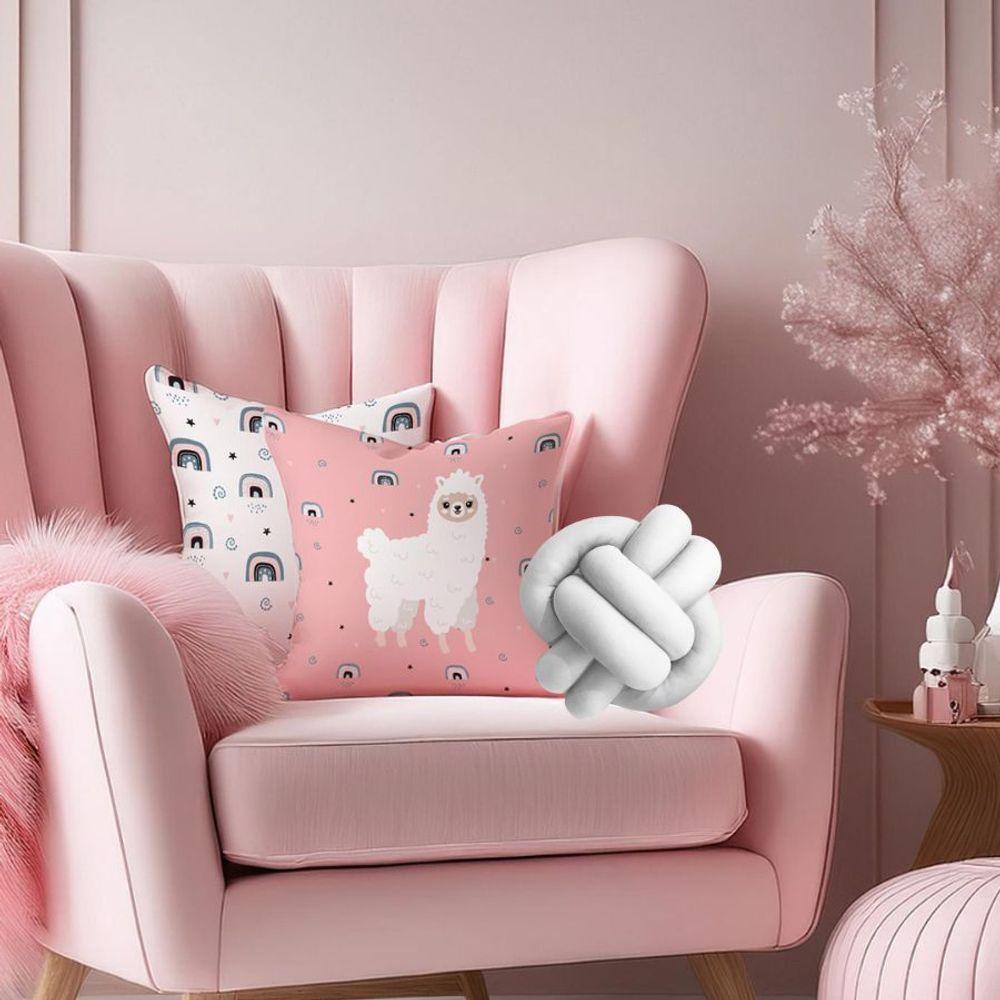 Kit 02 Capas De Almofada Infantil Personagens + Almofada Nó Lhama Rose Nó Branco - 3