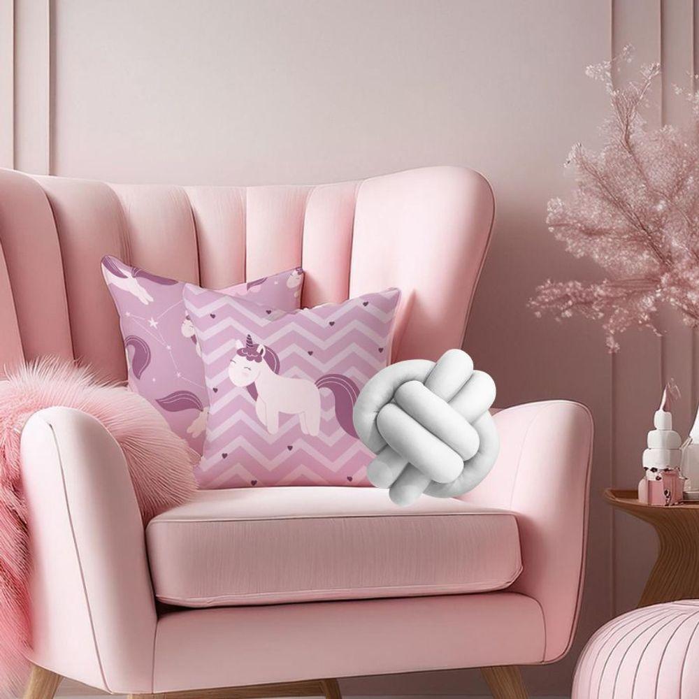 Kit 02 Capas De Almofada Infantil Personagens + Almofada Nó Unicornio Lilas Nó Branco - 3