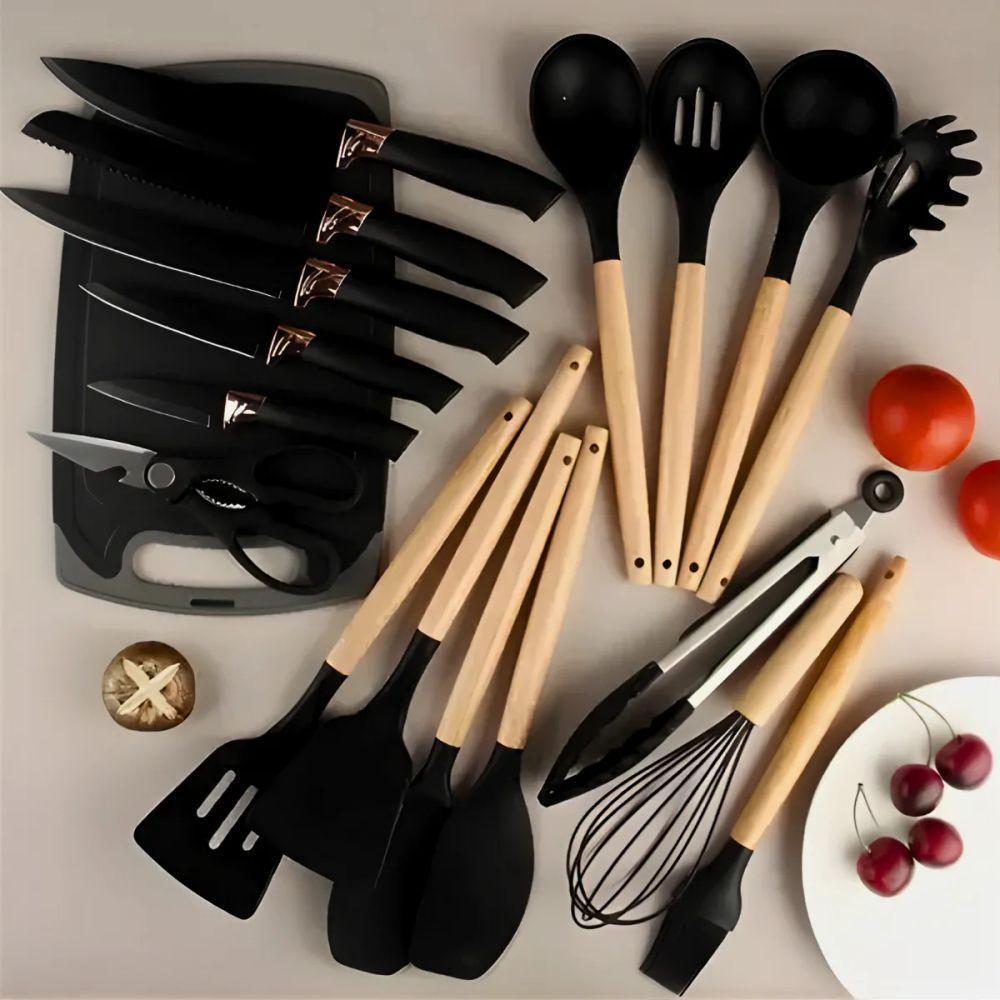 Kit Utensílios De Cozinha 19 Peças Silicone Premium Resistentes A Altas Temperaturas Inox E Madeira - Preto - 3