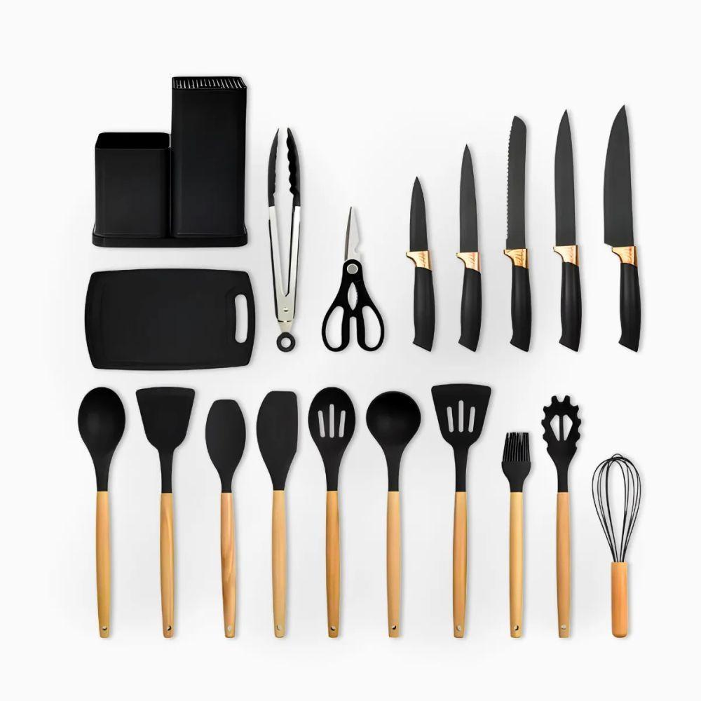 Kit Utensílios De Cozinha 19 Peças Silicone Premium Resistentes A Altas Temperaturas Inox E Madeira - Preto - 8