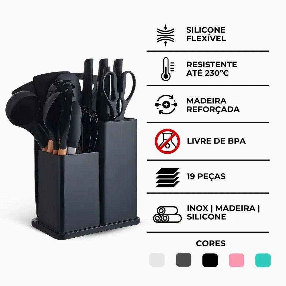 Kit Utensílios De Cozinha 19 Peças Silicone Premium Resistentes A Altas Temperaturas Inox E Madeira - Preto - 9