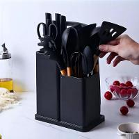 Kit Utensílios De Cozinha 19 Peças Silicone Premium Resistentes A Altas Temperaturas Inox E Madeira - Preto - 2