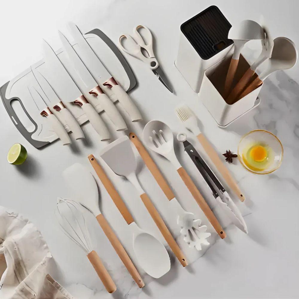 Kit Utensílios De Cozinha 19 Peças Silicone Premium Resistentes A Altas Temperaturas Inox E Madeira - Cinza - 4
