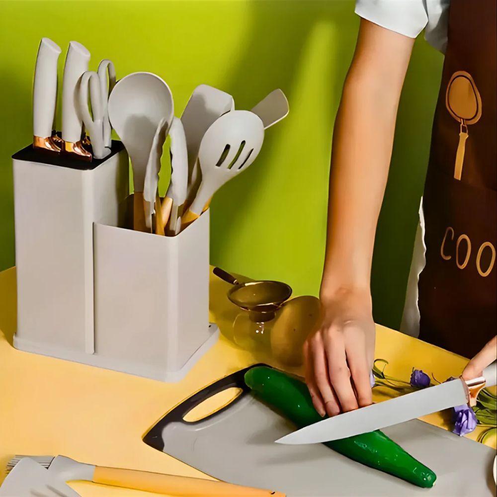 Kit Utensílios De Cozinha 19 Peças Silicone Premium Resistentes A Altas Temperaturas Inox E Madeira - Cinza - 6