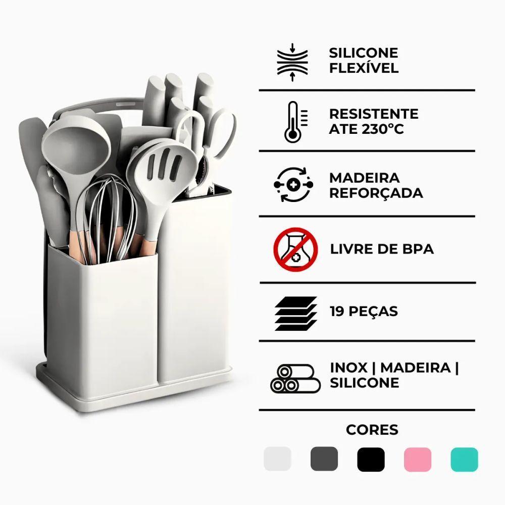 Kit Utensílios De Cozinha 19 Peças Silicone Premium Resistentes A Altas Temperaturas Inox E Madeira - Cinza - 9