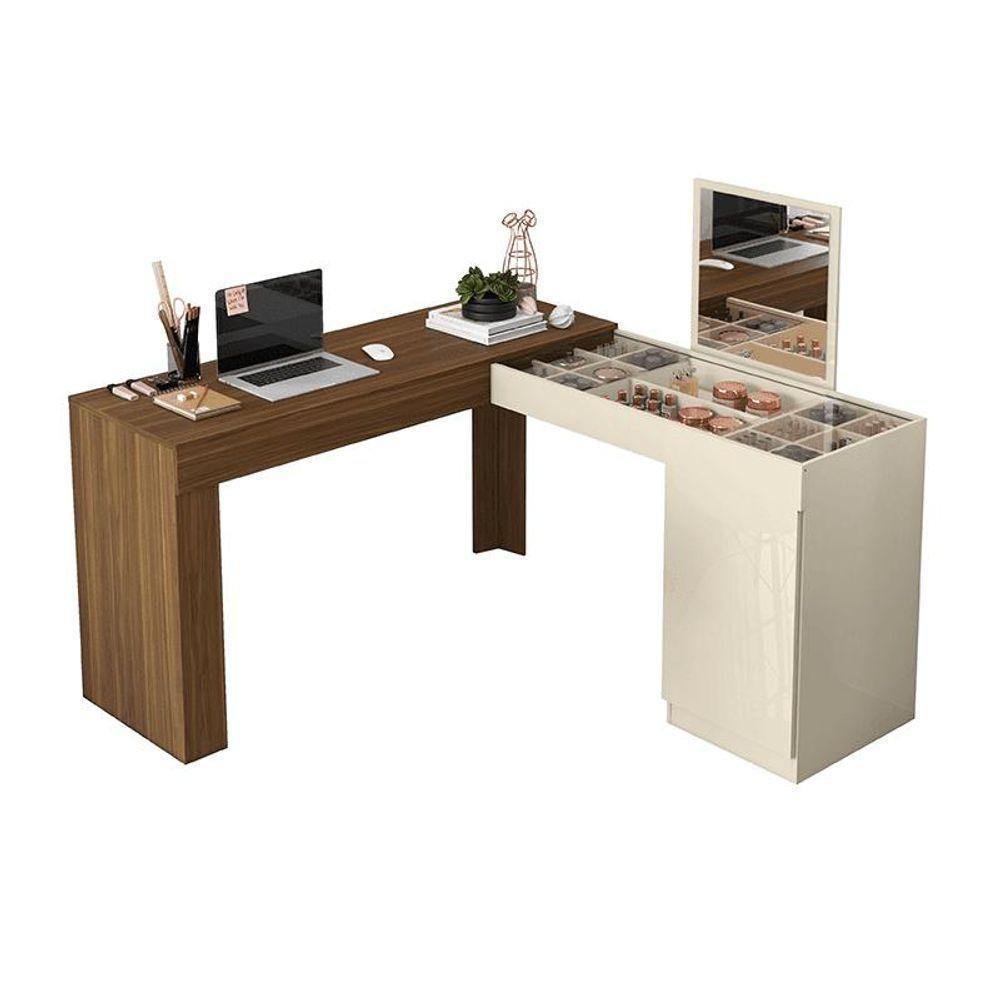 Escrivaninha Penteadeira Canto Star Com Painel Fixo Espelho E Colmeia Separatória ? Freijo - Off White - 6