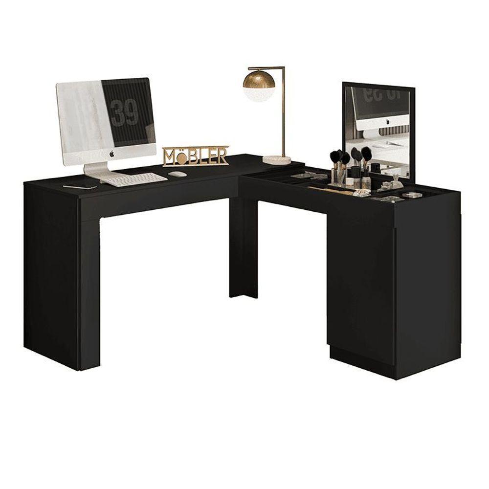 Escrivaninha Penteadeira Canto Star Com Nichos E Painel Com Espelho Fixo E Vidro De Correr ? Preto Fosco - 2