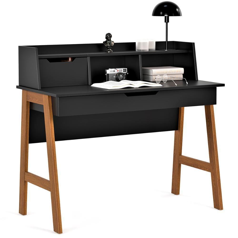 Escrivaninha Parma Ii Escritorio 1 Gaveta Pés Madeira Maciça Preto Preto - 1