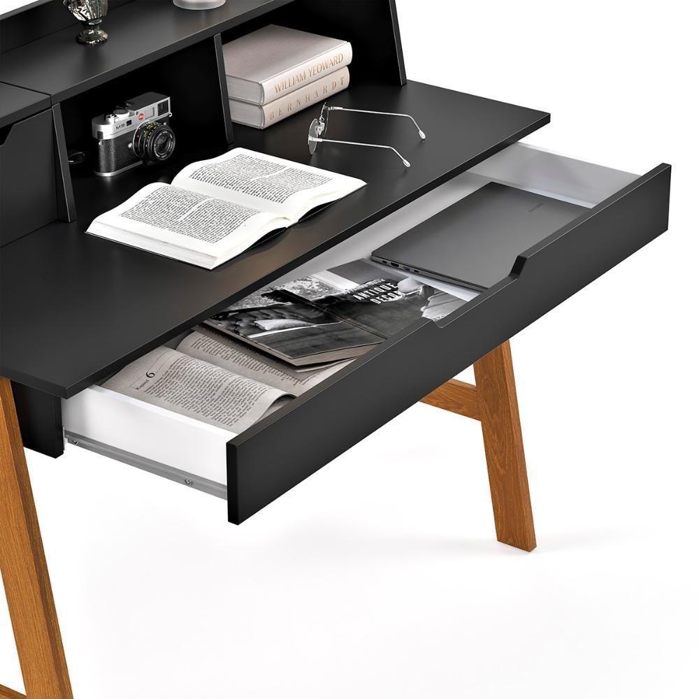 Escrivaninha Parma Ii Escritorio 1 Gaveta Pés Madeira Maciça Preto Preto - 6