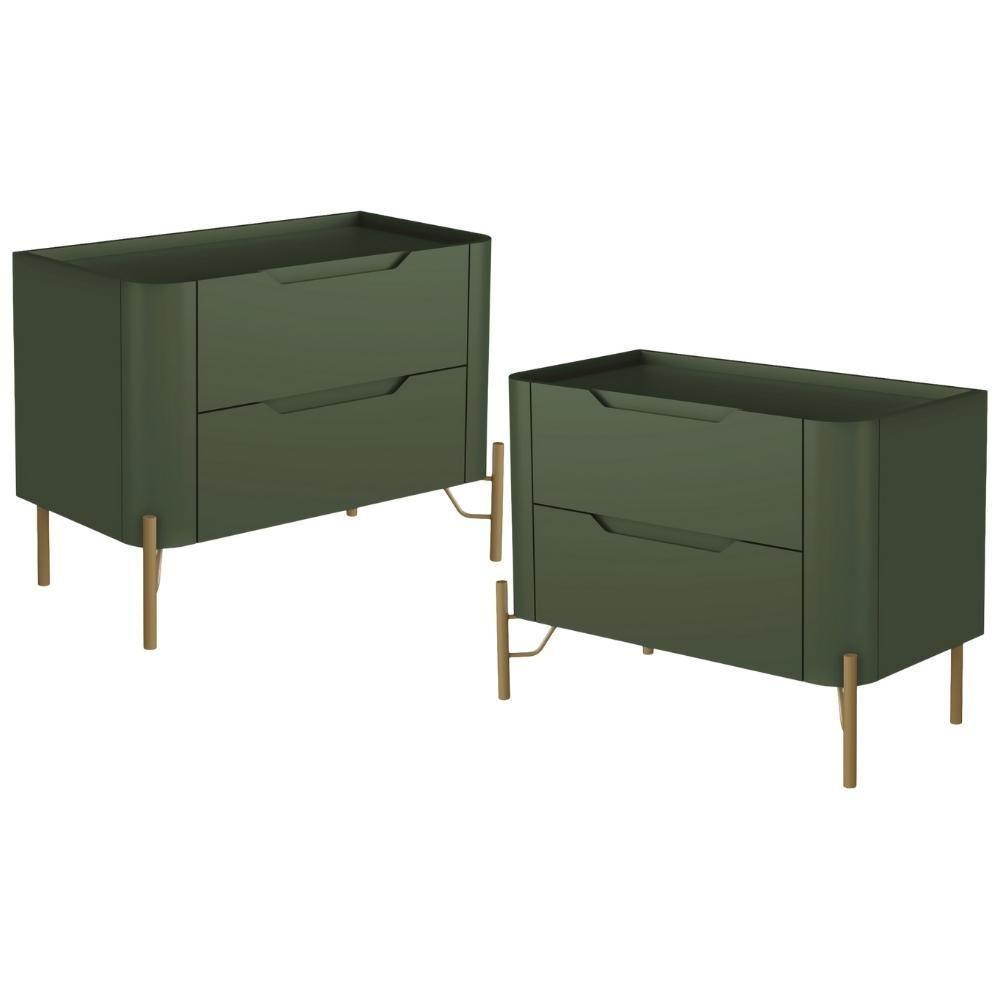 Kit 02 Mesas De Cabeceira Orgânica 2 Gavetas Pés Industrial Dourado Bliss I03 Musgo - Lyam Decor - 1