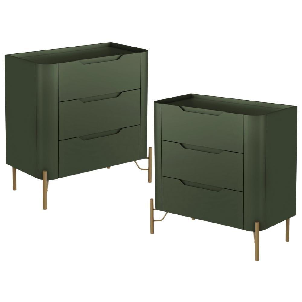 Kit 02 Mesas De Cabeceira Orgânica 3 Gavetas Pés Industrial Dourado Bliss I03 Musgo - Lyam Decor - 1