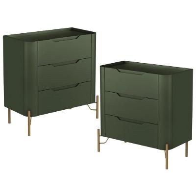 Kit 02 Mesas De Cabeceira Orgânica 3 Gavetas Pés Industrial Dourado Bliss I03 Musgo - Lyam Decor