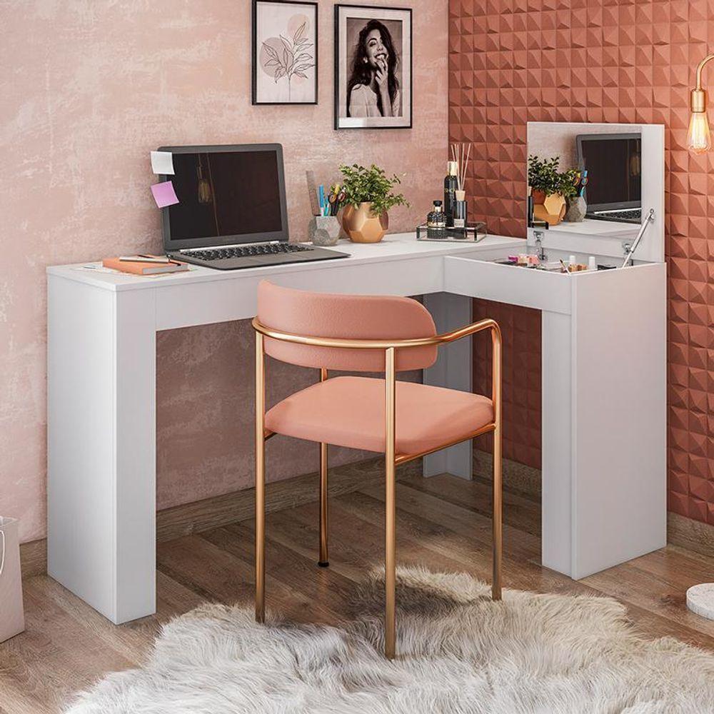 Escrivaninha De Canto Com Penteadeira Jade Com Tampa Basculante Nicho Organizador Espelho - Branco Fosco - 1