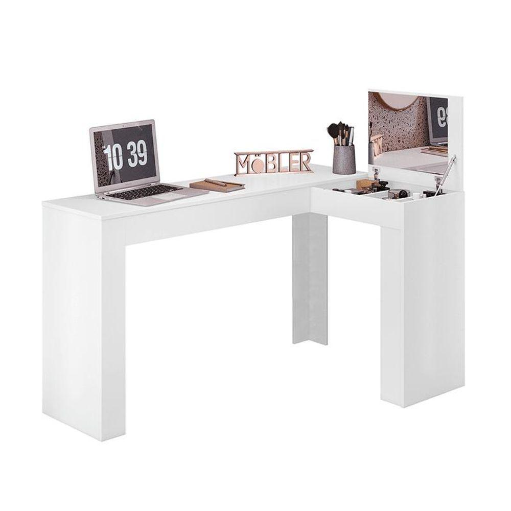 Escrivaninha De Canto Com Penteadeira Jade Com Tampa Basculante Nicho Organizador Espelho - Branco Fosco - 3