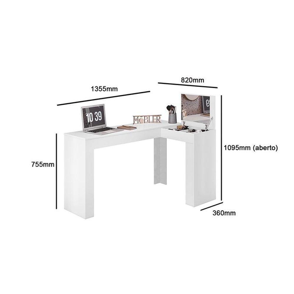 Escrivaninha De Canto Com Penteadeira Jade Com Tampa Basculante Nicho Organizador Espelho - Branco Fosco - 4