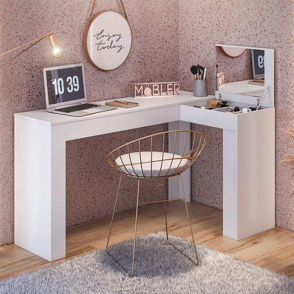 Escrivaninha De Canto Com Penteadeira Jade Com Tampa Basculante Nicho Organizador Espelho - Branco Fosco - 5